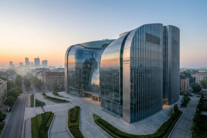 Wide shot of a sleek, modern glass and steel corporate HQ at dawn, with a vibrant sky, European architecture, and distant hazy skyscrapers.