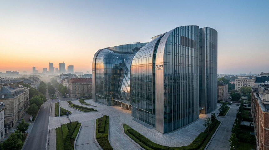Wide shot of a sleek, modern glass and steel corporate HQ at dawn, with a vibrant sky, European architecture, and distant hazy skyscrapers.