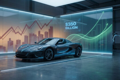 Voiture futuriste dans un showroom avec graphiques financiers et affichage '$350 BILLION', évoquant l'économie automobile et l'innovation.