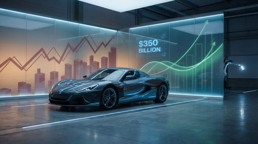 Voiture futuriste dans un showroom avec graphiques financiers et affichage '$350 BILLION', évoquant l'économie automobile et l'innovation.