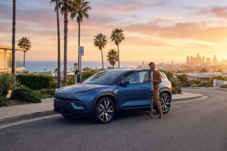 Stylish man by a sleek blue electric SUV in California at golden hour, overlooking the ocean and a distant cityscape.