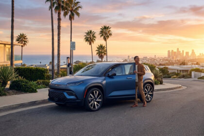 Stylish man by a sleek blue electric SUV in California at golden hour, overlooking the ocean and a distant cityscape.