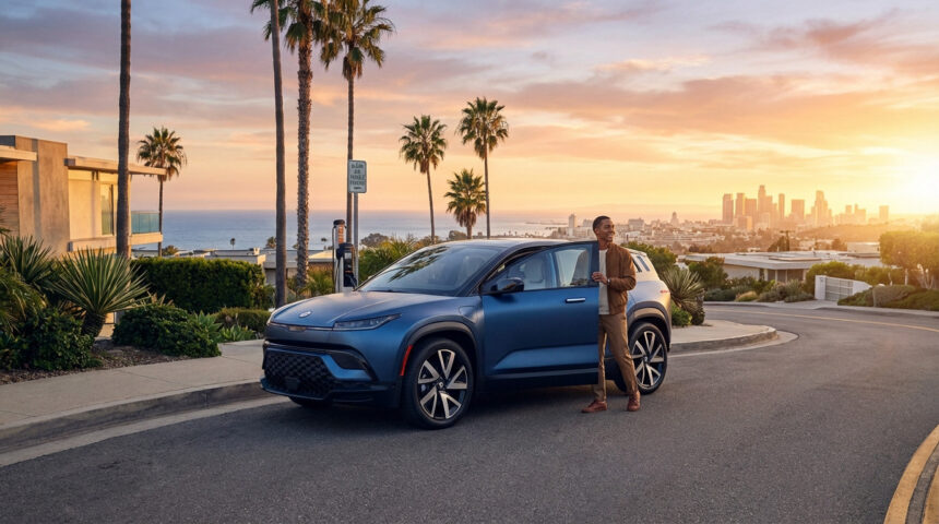 Stylish man by a sleek blue electric SUV in California at golden hour, overlooking the ocean and a distant cityscape.