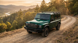 SUV Ineos Grenadier Chelsea vert foncé sur chemin terre. Vallée boisée, rivière au loin, lumière dorée du coucher du soleil.