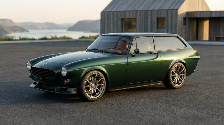 Une Volvo P1800 Norrsken restomod vert foncé, garée devant une maison moderne en bois avec un paysage lacustre.