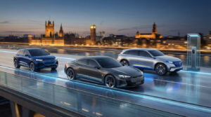 Trois voitures électriques de concept (Audi, Mercedes-Benz) sur une route futuriste avec borne de recharge, ville au crépuscule.