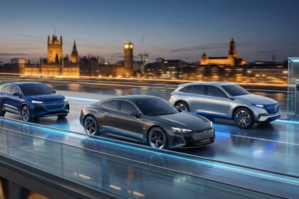 Trois voitures électriques de concept (Audi, Mercedes-Benz) sur une route futuriste avec borne de recharge, ville au crépuscule.