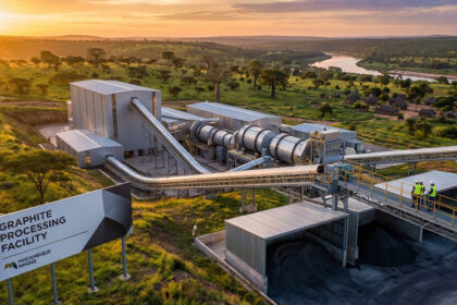 Modern graphite processing plant in Mozambique at golden hour. Metallic structures, industrial machinery, workers, and lush natural landscape.