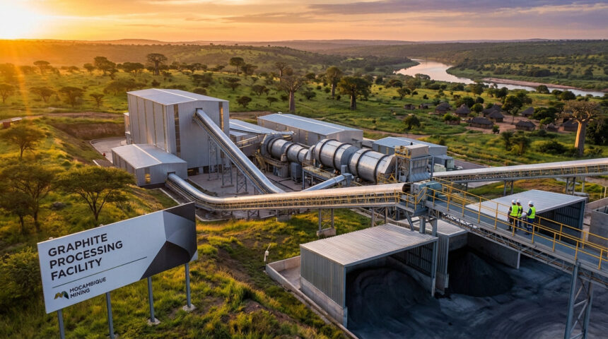 Modern graphite processing plant in Mozambique at golden hour. Metallic structures, industrial machinery, workers, and lush natural landscape.