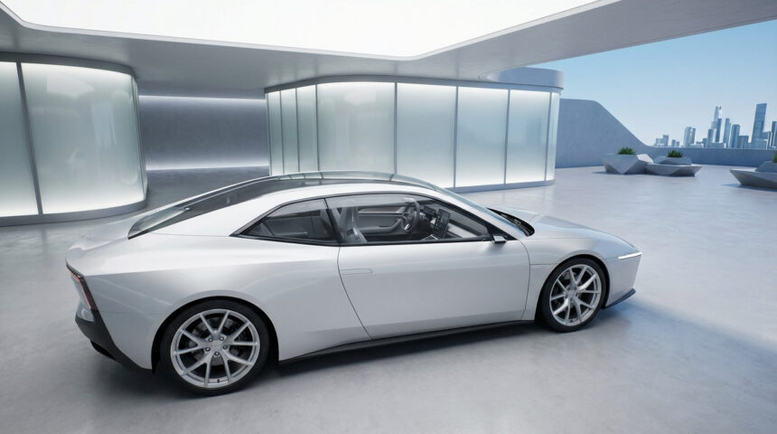 Sleek white futuristic electric sports car with minimalist design in a modern, well-lit architectural setting with city skyline.