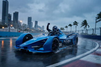A triumphant driver in a blue Formula E car on a rain-soaked street circuit, water spraying. City skyline and palm trees in background.