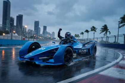 A triumphant driver in a blue Formula E car on a rain-soaked street circuit, water spraying. City skyline and palm trees in background.