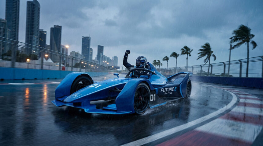 A triumphant driver in a blue Formula E car on a rain-soaked street circuit, water spraying. City skyline and palm trees in background.