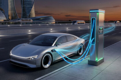 Voiture électrique argentée futuriste en charge rapide dans une ville high-tech au crépuscule. Des traînées lumineuses symbolisent l'énergie.