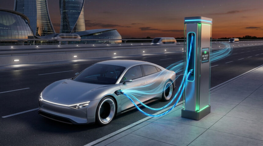 Voiture électrique argentée futuriste en charge rapide dans une ville high-tech au crépuscule. Des traînées lumineuses symbolisent l'énergie.