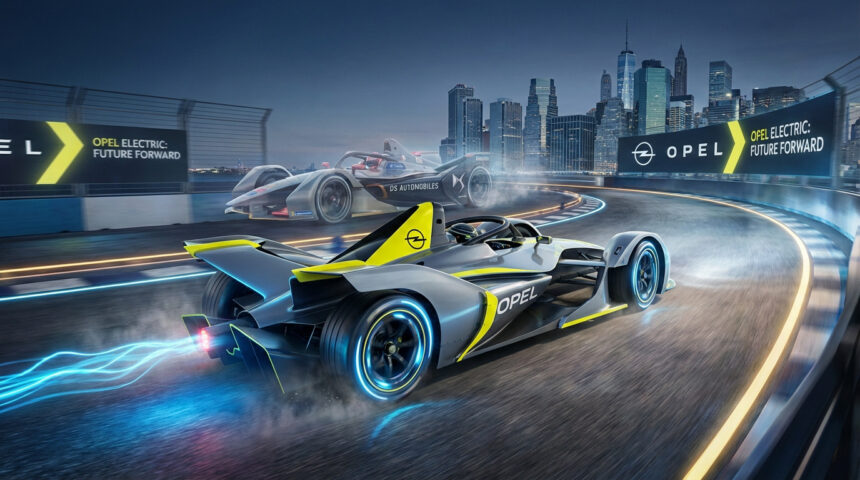Deux monoplaces de Formule E, dont une Opel, sur une piste urbaine illuminée la nuit. La voiture Opel laisse une traînée bleue électrique.
