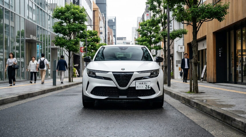 Alfa Romeo Junior blanc garé au centre d'une rue urbaine japonaise mouillée, entouré de piétons et de bâtiments modernes.