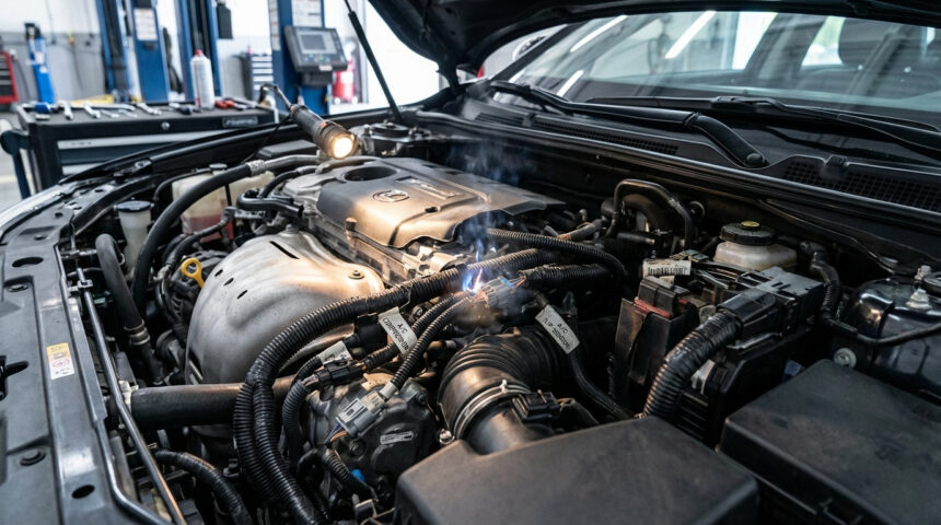 Vue rapprochée du moteur d'une voiture en atelier avec des étincelles et de la fumée sur des câbles de climatisation.