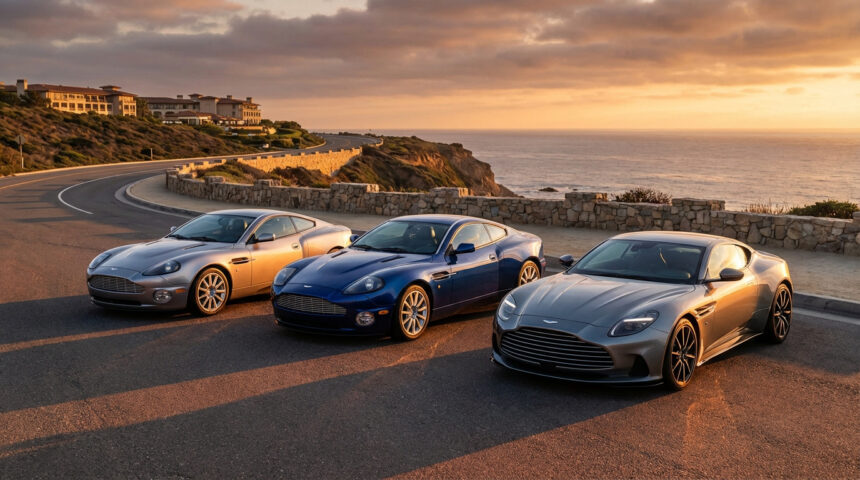 L'évolution de l'Aston Martin Vanquish : trois modèles (argent, bleu, gris) le long d'une route côtière dorée.