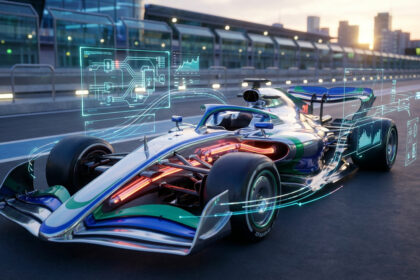 Voiture de F1 futuriste avec affichages holographiques de données moteur et électroniques sur une piste au coucher du soleil.