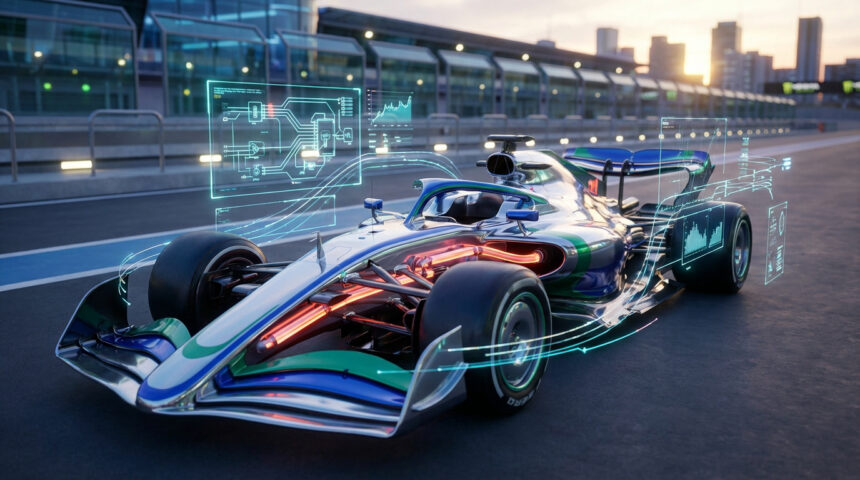 Voiture de F1 futuriste avec affichages holographiques de données moteur et électroniques sur une piste au coucher du soleil.