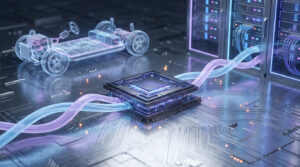 Une puce centrale lumineuse connectée à un châssis de voiture électrique transparent et des serveurs, sur un circuit imprimé.
