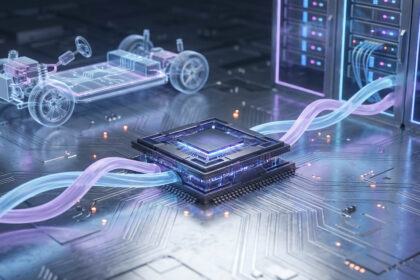 Une puce centrale lumineuse connectée à un châssis de voiture électrique transparent et des serveurs, sur un circuit imprimé.