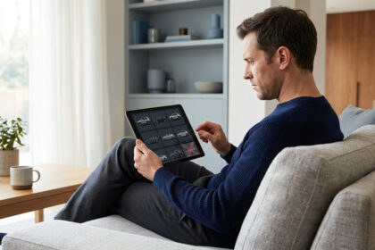 Homme sur canapé excluant une voiture d'une sélection sur tablette. Une croix rouge barre une icône de véhicule.