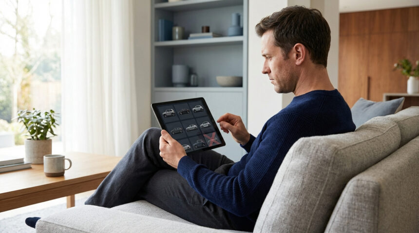 Homme sur canapé excluant une voiture d'une sélection sur tablette. Une croix rouge barre une icône de véhicule.