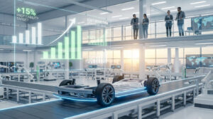 Usine automobile futuriste avec châssis électrique en production. Robots et écrans holographiques affichant rentabilité et coûts. Dirigeants observent.
