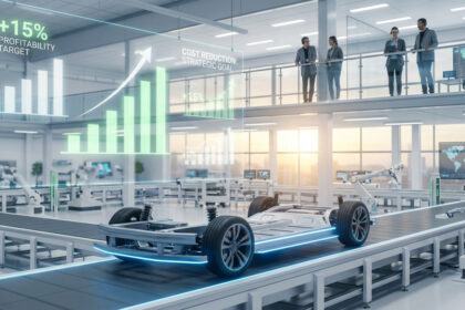 Usine automobile futuriste avec châssis électrique en production. Robots et écrans holographiques affichant rentabilité et coûts. Dirigeants observent.