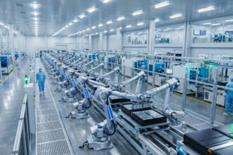 Ligne de production automatisée dans une usine de batteries Tesla, avec des robots assemblant des modules et des techniciens en salle blanche.
