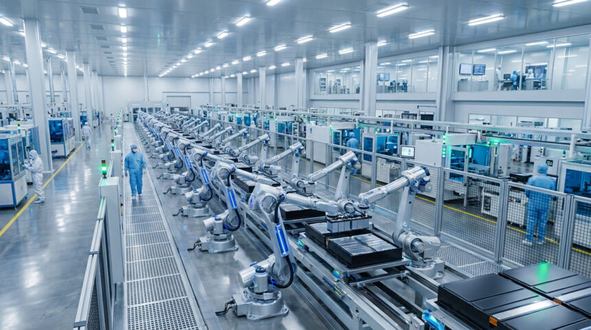 Ligne de production automatisée dans une usine de batteries Tesla, avec des robots assemblant des modules et des techniciens en salle blanche.