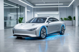 Voiture concept électrique argentée avec éclairage LED bleu autour des jantes et des ondes lumineuses au sol, dans un intérieur moderne.