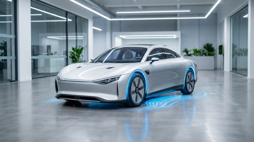 Voiture concept électrique argentée avec éclairage LED bleu autour des jantes et des ondes lumineuses au sol, dans un intérieur moderne.