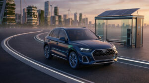 Audi Q5 hybride diesel bleu foncé sur une route futuriste, devant un arrêt de bus solaire et une ville verte.