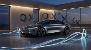 Voiture concept Infiniti gris métallisé futuriste, avec les lettres QX se désintégrant en arrière-plan et des rubans lumineux au sol.