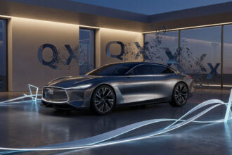 Voiture concept Infiniti gris métallisé futuriste, avec les lettres QX se désintégrant en arrière-plan et des rubans lumineux au sol.