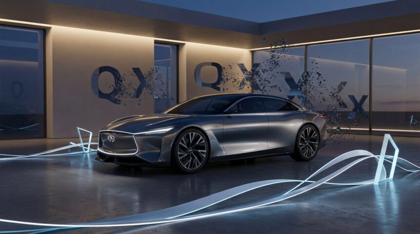 Voiture concept Infiniti gris métallisé futuriste, avec les lettres QX se désintégrant en arrière-plan et des rubans lumineux au sol.