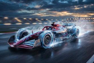 Monoplace F1 futuriste rouge et noire filant sur piste mouillée, effets d'éclairs bleus. Tribunes floues au crépuscule.