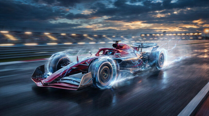 Monoplace F1 futuriste rouge et noire filant sur piste mouillée, effets d'éclairs bleus. Tribunes floues au crépuscule.