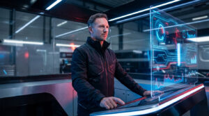 Un homme en veste noire regarde attentivement un écran holographique lumineux affichant des données complexes dans un environnement futuriste.