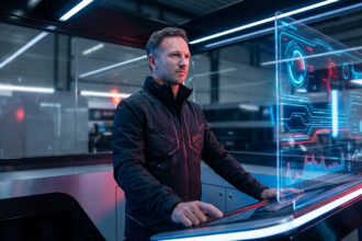 Un homme en veste noire regarde attentivement un écran holographique lumineux affichant des données complexes dans un environnement futuriste.