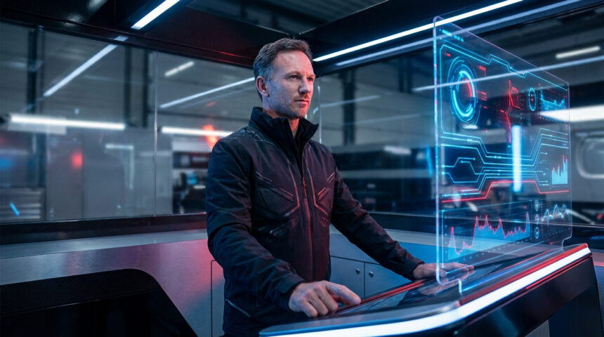 Un homme en veste noire regarde attentivement un écran holographique lumineux affichant des données complexes dans un environnement futuriste.