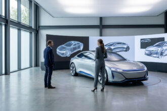 Deux personnes face à une voiture concept argentée dans un studio. Des écrans affichent des dessins et modèles 3D du véhicule.