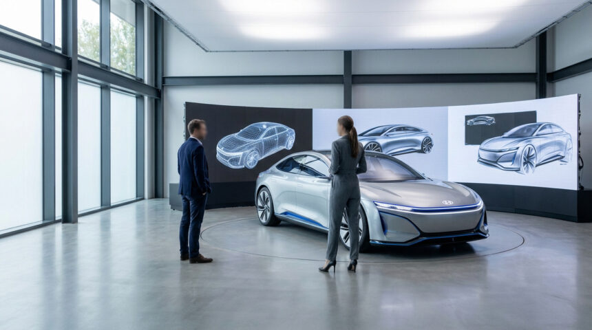 Deux personnes face à une voiture concept argentée dans un studio. Des écrans affichent des dessins et modèles 3D du véhicule.