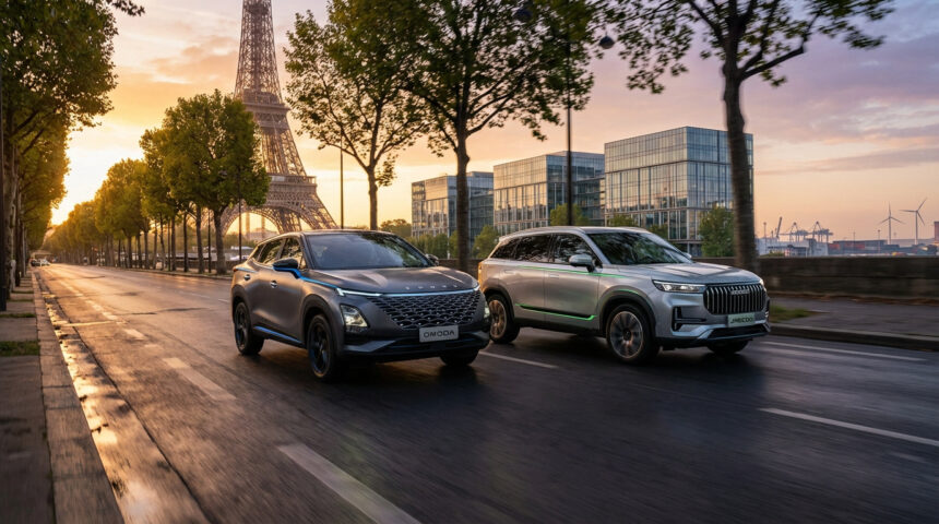 Deux SUV Omoda (gris) et Jaecoo (argent) circulent sur une avenue parisienne au crépuscule, Tour Eiffel et bâtiments modernes en fond.