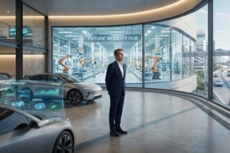 Homme en costume dans un showroom futuriste, voitures électriques, écrans de données, usine robotisée et ville moderne en arrière-plan.