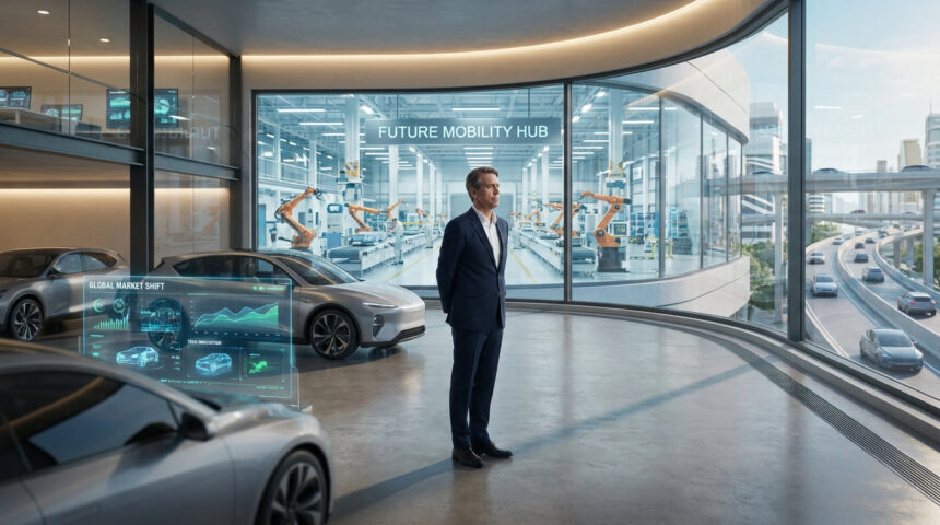 Homme en costume dans un showroom futuriste, voitures électriques, écrans de données, usine robotisée et ville moderne en arrière-plan.