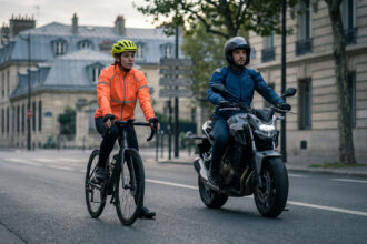 Une cycliste avec un casque jaune et un motard en veste bleue côte à côte sur une rue urbaine.